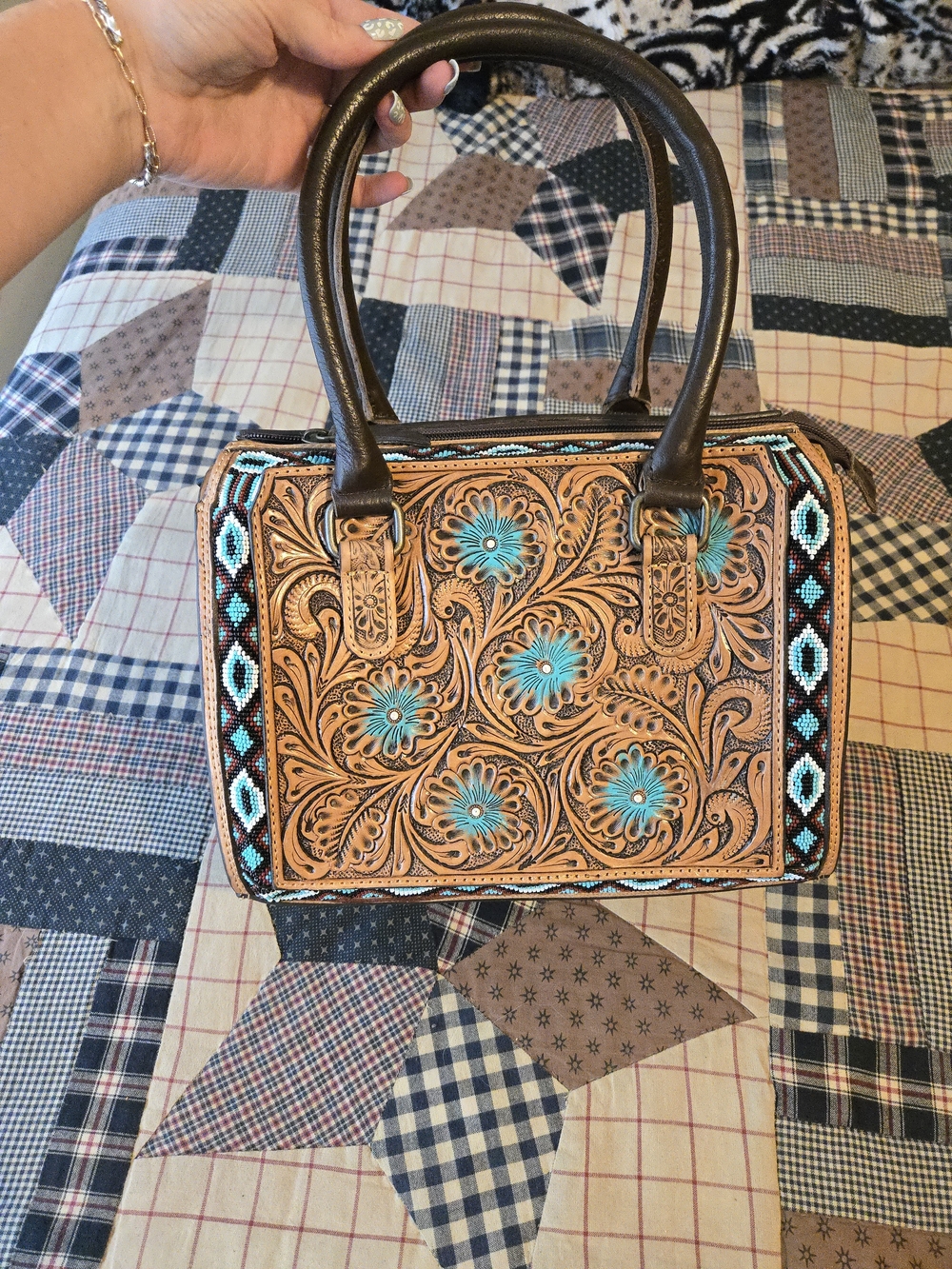 Genuine Leather Tooled & Beaded Speedy Bag